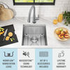 Lavabo de cocina para barra/preparación de alimentos tipo estación de trabajo con un receptáculo de acero inoxidable calibre 16 de 17" de montaje bajo encimera, con reborde WorkFlow™ y accesorios